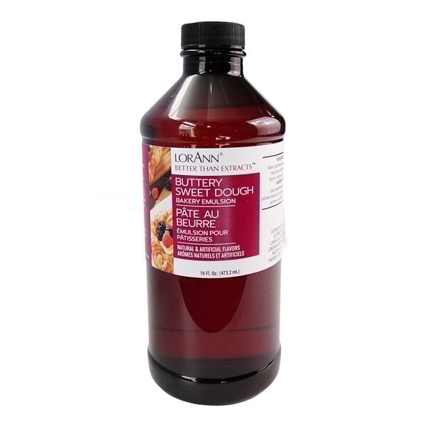 A 16 fl. oz. bottle of LorAnn Oils Buttery Sweet Dough Bakery Emulsion.