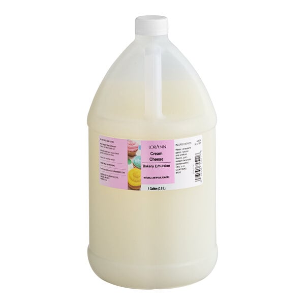 A white jug of LorAnn Oils Cream Cheese Bakery Emulsion.
