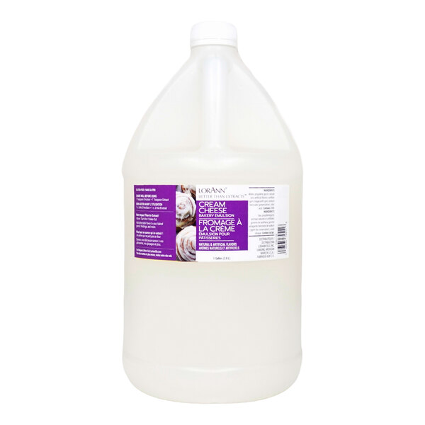 A 1-gallon plastic jug of LorAnn Oils Cream Cheese Bakery Emulsion with a white cap and a purple and white label.