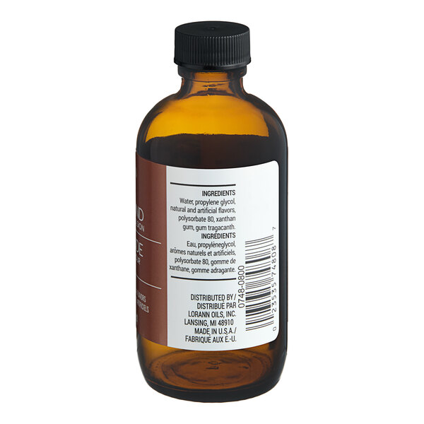 A 4 fl. oz. amber bottle of LorAnn Oils Almond Bakery Emulsion with a black screw cap and ingredient label.
