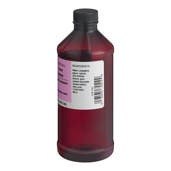 A 16 fl. oz. bottle of LorAnn Oils Cream Cheese Bakery Emulsion.