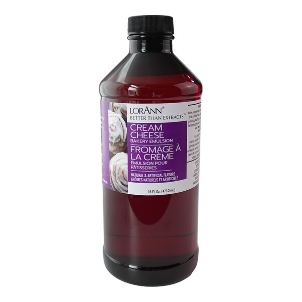 A 16 fl. oz. bottle of LorAnn Oils Cream Cheese Bakery Emulsion.
