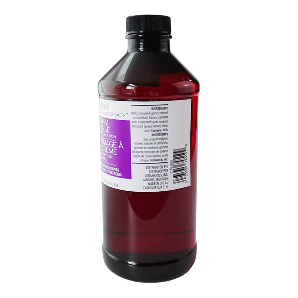 A 16 fl. oz. bottle of LorAnn Oils Cream Cheese Bakery Emulsion with a black cap and a purple and white label.