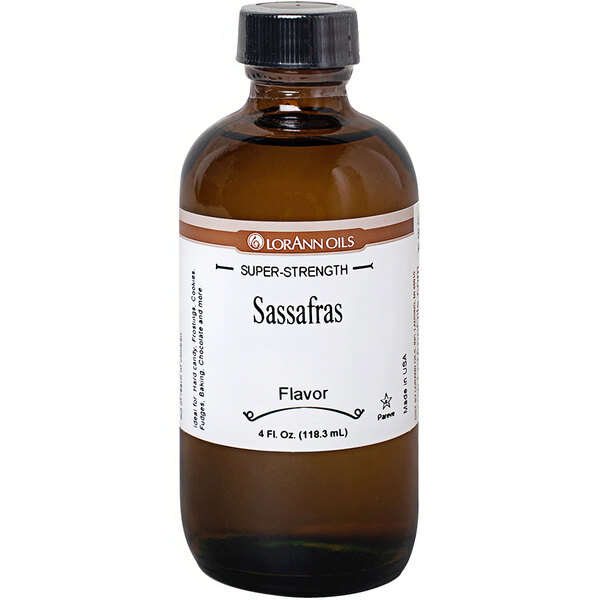 A brown LorAnn Oils bottle of Sassafras flavoring with a white label.