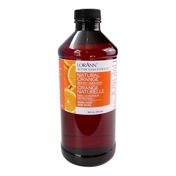 A 16 fl. oz. bottle of LorAnn Oils all-natural orange bakery emulsion.