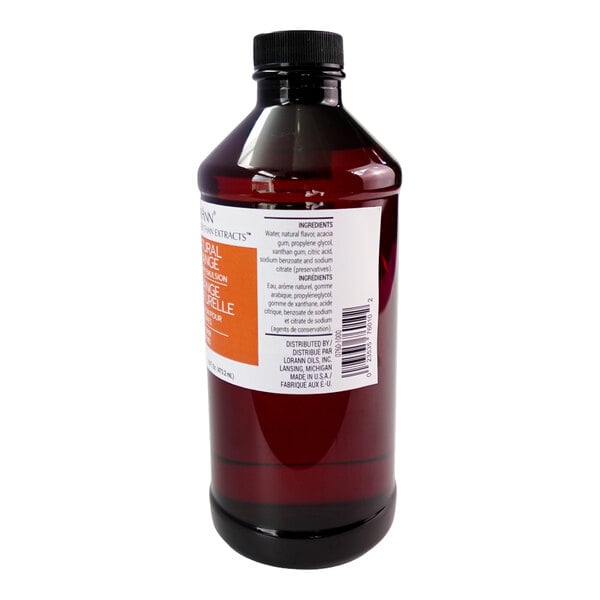 A 16 fl. oz. bottle of LorAnn Oils all-natural orange bakery emulsion with a black cap and labeled ingredients.
