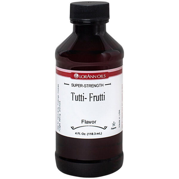 A close-up of a LorAnn Oils 4 fl. oz. Tutti-Frutti flavoring bottle with a white label.