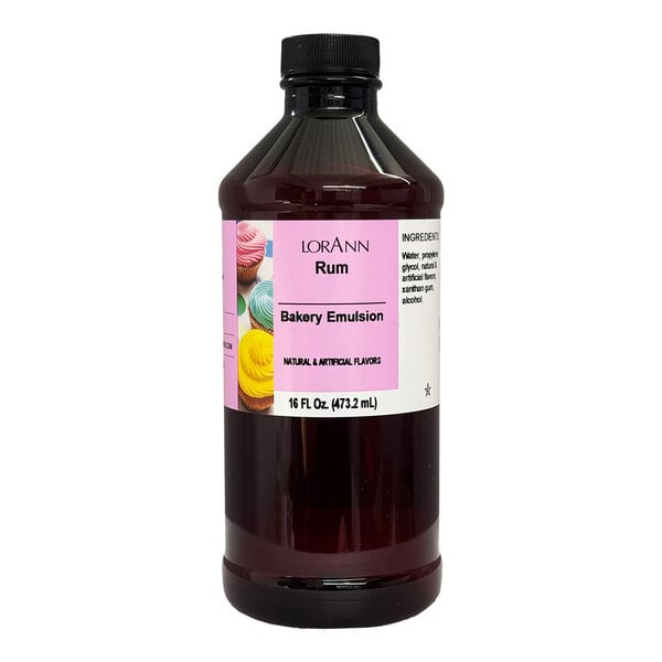 A bottle of LorAnn Oils Rum Bakery Emulsion with a label.