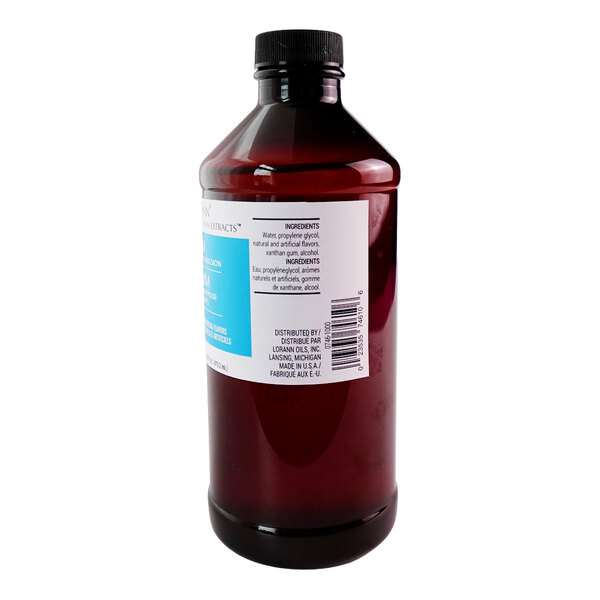 A brown plastic bottle of LorAnn Oils 16 fl. oz. Rum Bakery Emulsion with a black cap and a label on the side.