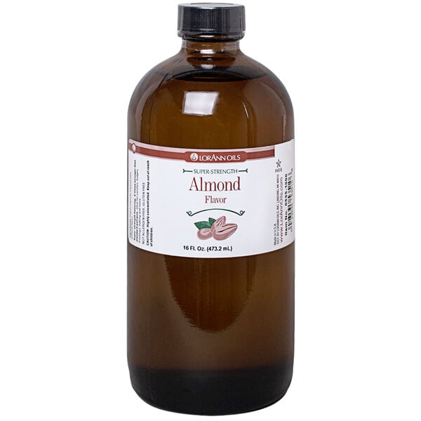 A bottle of LorAnn Bitter Almond Super Strength Flavor oil.
