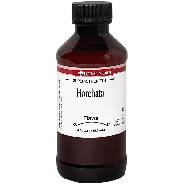 A bottle of LorAnn Oils Horchata flavoring with a label.