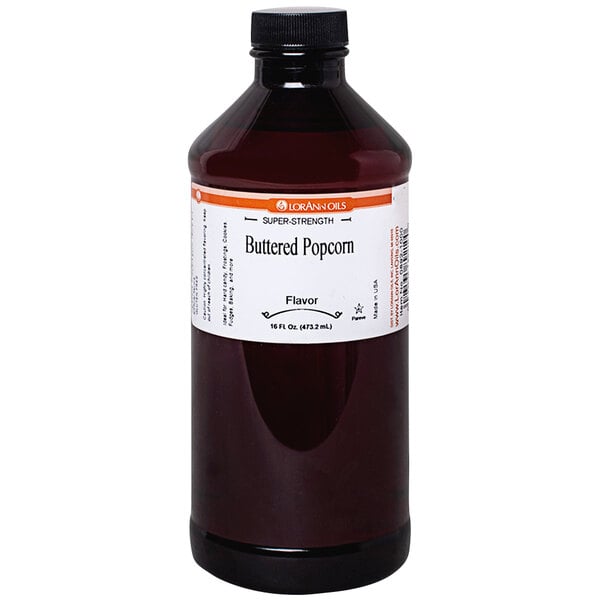 A bottle of LorAnn Oils Buttered Popcorn Super Strength Flavor concentrate.