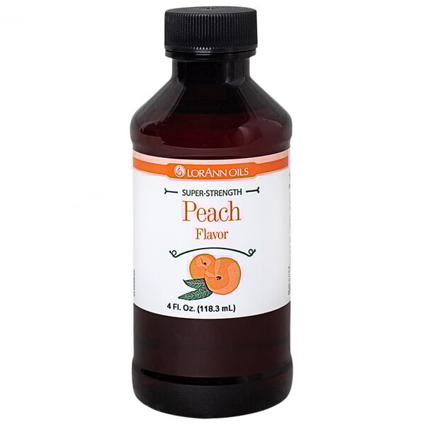 A close up of a bottle of LorAnn Oils Peach Super Strength Flavor.