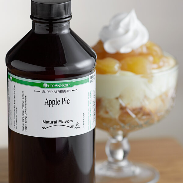 A bottle of LorAnn Oils All-Natural Apple Pie Super Strength Flavor syrup.