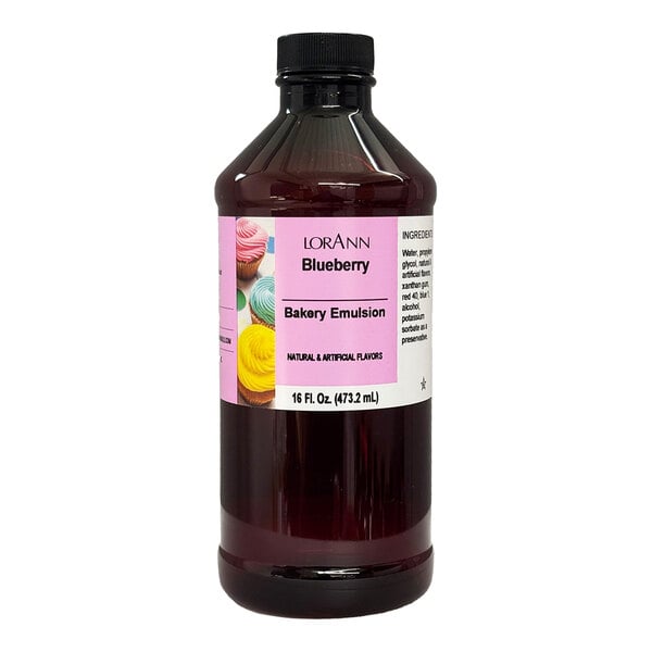 A close up of a bottle of LorAnn Oils blueberry bakery emulsion.