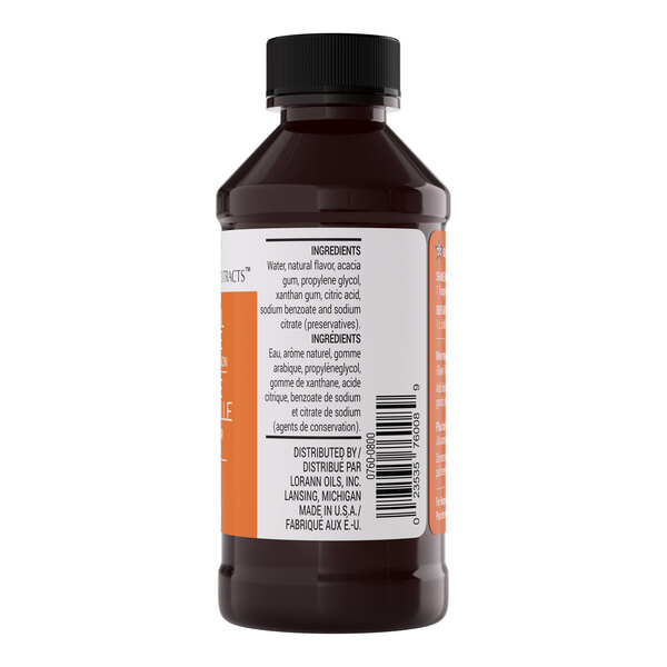 A brown plastic bottle with a black cap containing LorAnn Oils 4 fl. oz. All-Natural Orange Bakery Emulsion.