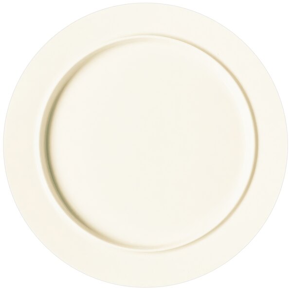 A RAK Porcelain white round flat rimmed plate.