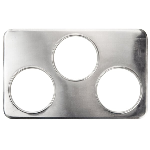 A silver stainless steel plate with three circles.