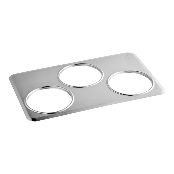 A silver stainless steel Choice adapter plate with three holes.