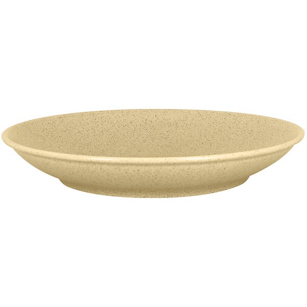 A close up of a RAK Porcelain Silky Almond deep coupe plate.