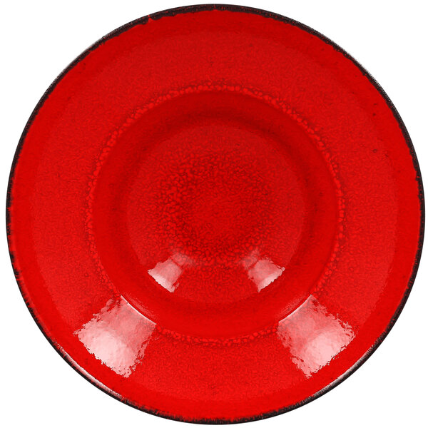 a red plate with black rim