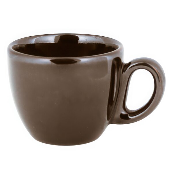 A brown RAK Porcelain espresso cup with a handle.