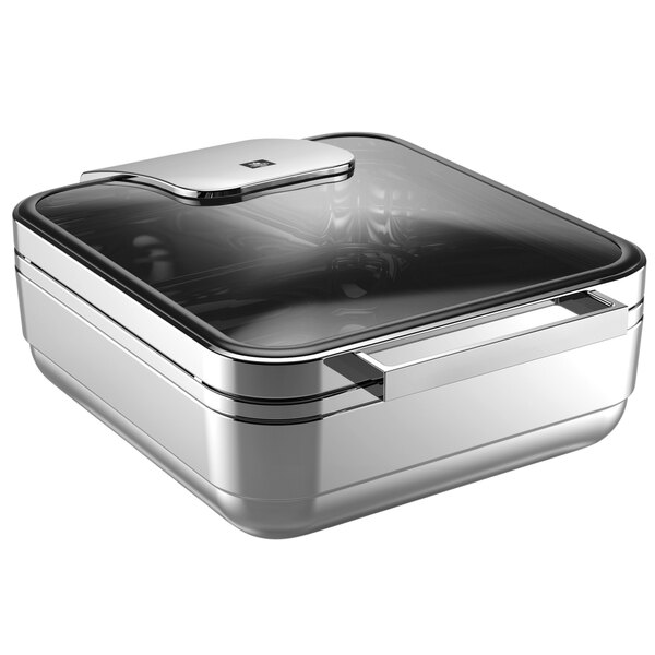 a silver square container with a glass lid
