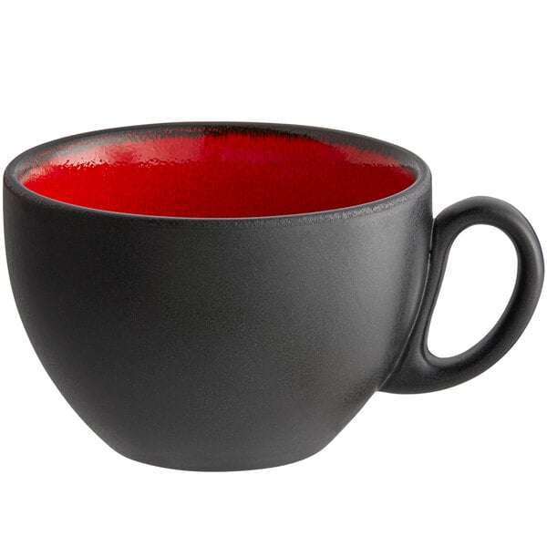 a black and red coffee cup