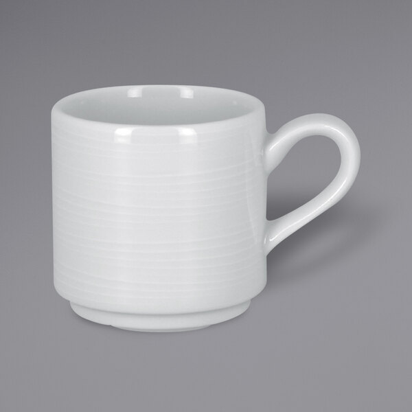 A RAK Porcelain bright white espresso cup with a handle.