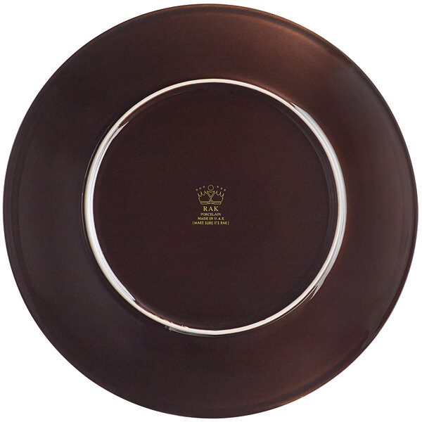 A brown porcelain coupe plate with a white logo and rim.