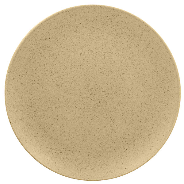 A close up of a RAK Porcelain Silky Almond Genesis coupe plate with a white background.