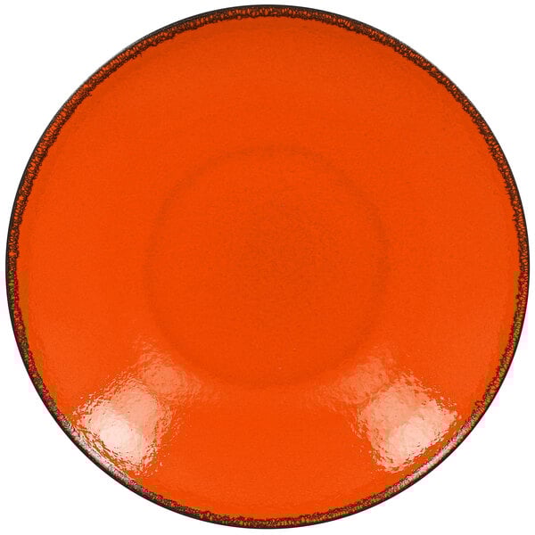 A white porcelain coupe plate with an orange center and black rim.