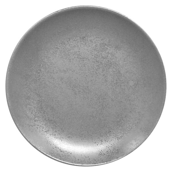 A close-up of a RAK Porcelain grey flat coupe plate.