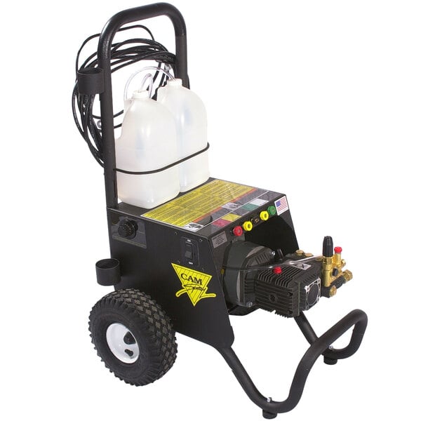 A close-up of a Cam Spray portable electric pressure washer with a hose attached.
