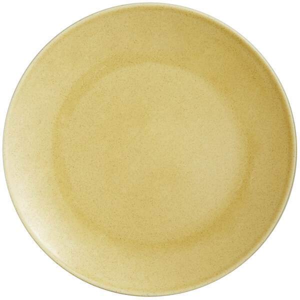 A close up of a RAK Porcelain Genesis glossy creme brule coupe plate.