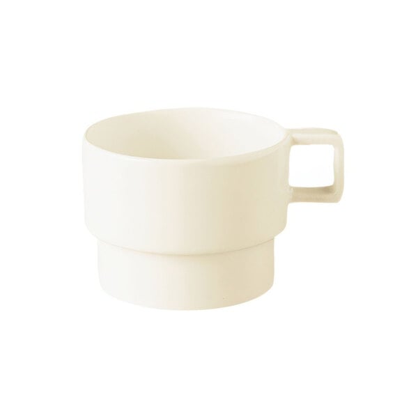 A warm white RAK Porcelain coffee cup with a handle.