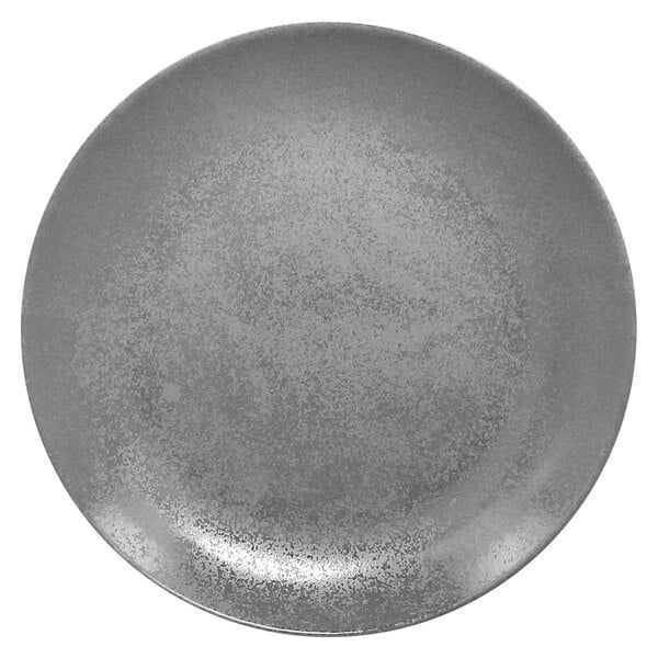 A close-up of a RAK Porcelain gray coupe plate.