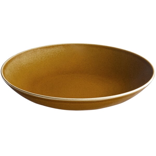 A brown bowl with a white border.