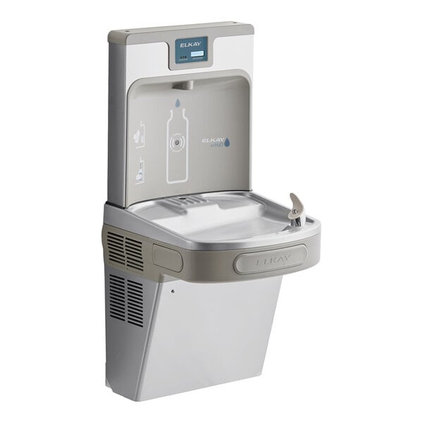 A stainless steel filtered bottle filling station and water fountain with touchless sensor activation.