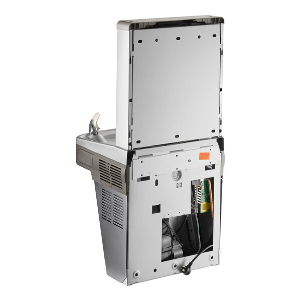 A stainless steel filtered bottle filling station with a touchless sensor and water fountain, shown with the back panel open.