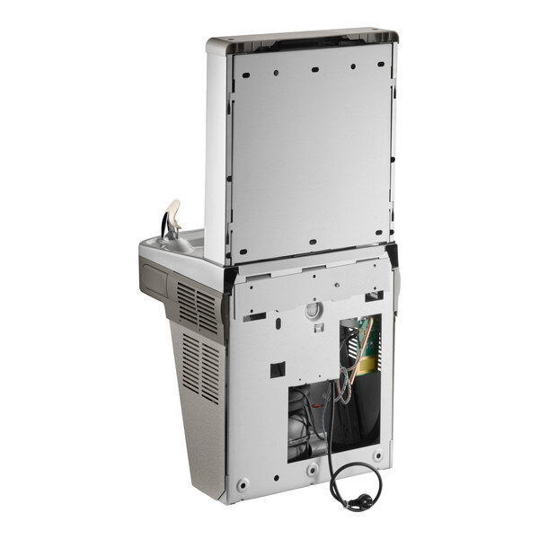 A light gray filtered bottle filling station with a touchless sensor and water fountain, shown with its back panel open to reveal internal components.