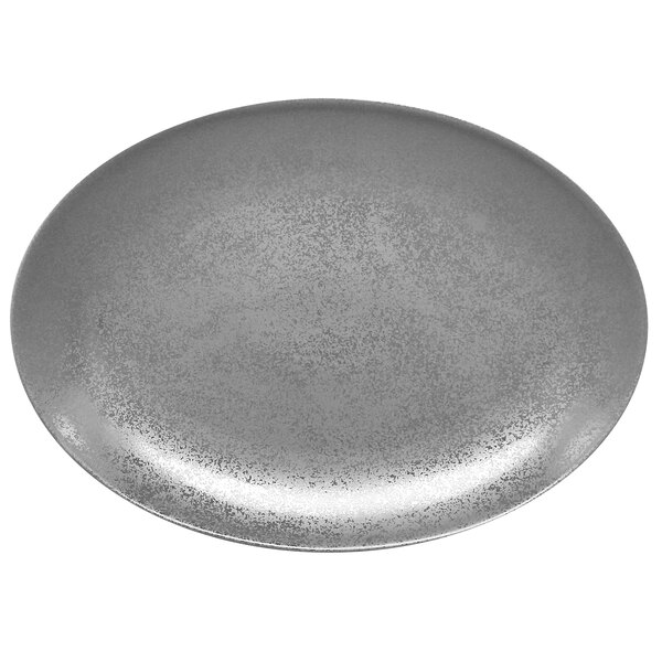 A close up of a grey RAK Porcelain oval coupe platter with specks.