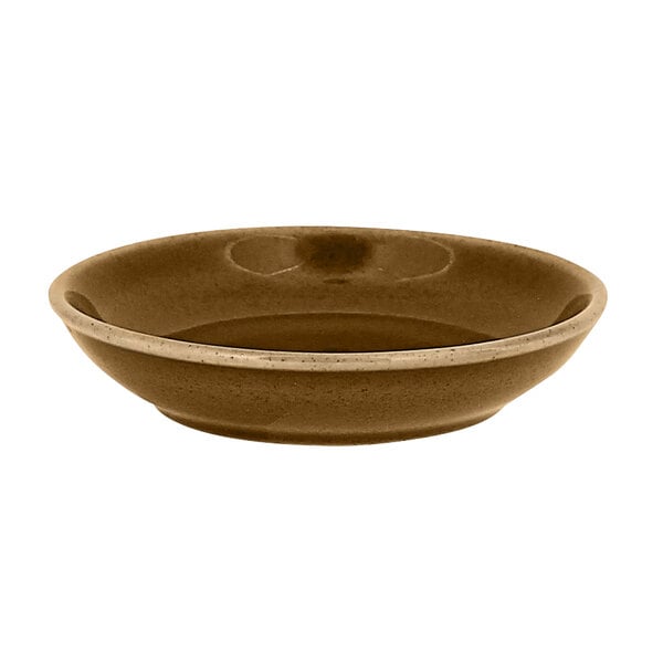 A brown bowl with a hole in the middle on a white background.