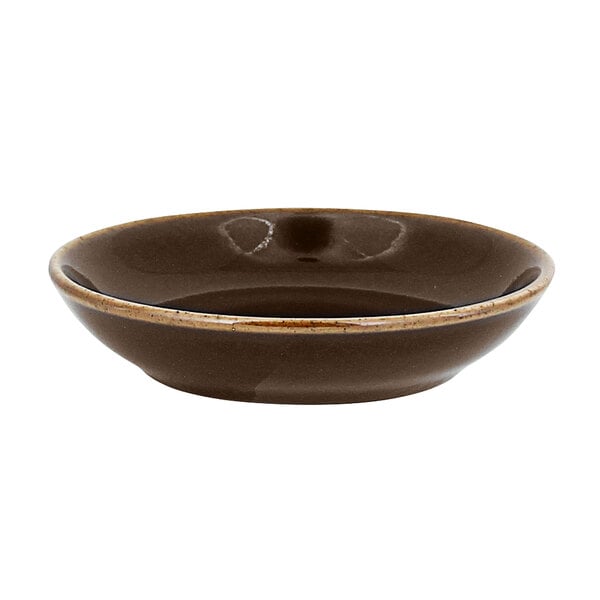 A brown bowl with a white rim.