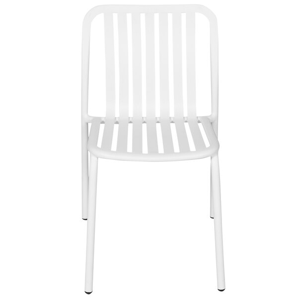 A white BFM Seating Key West aluminum side chair with slats.
