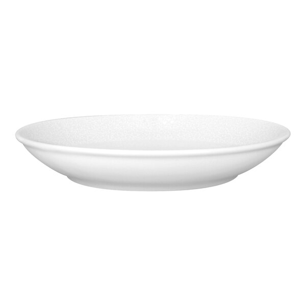 A bright white embossed round deep coupe porcelain plate.