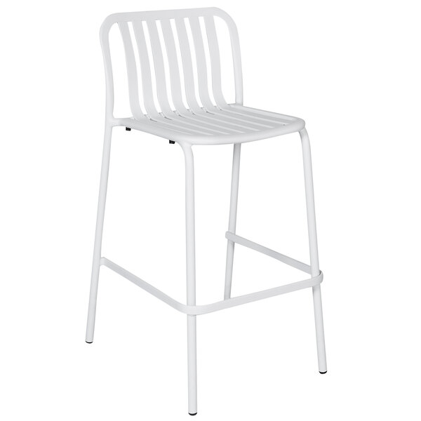 A white BFM Seating Key West bar stool with vertical slats.