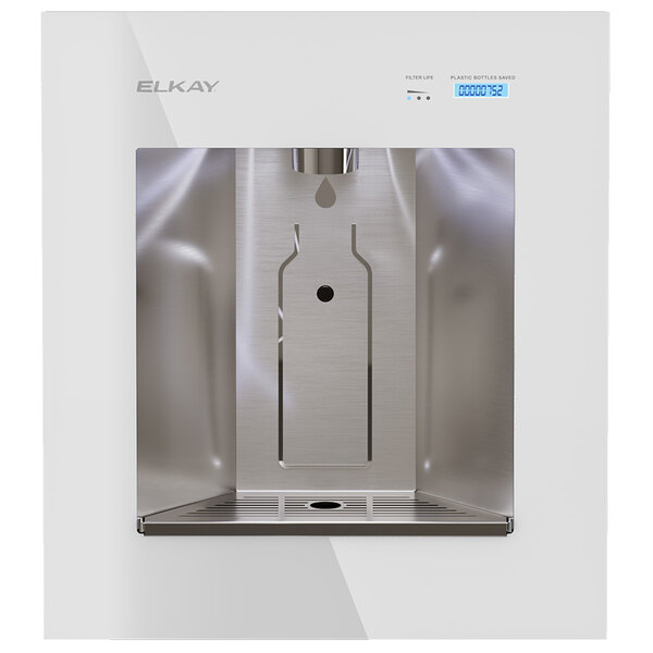 An Elkay white built-in chilled water bottle filling station with a water bottle and a drop of water.