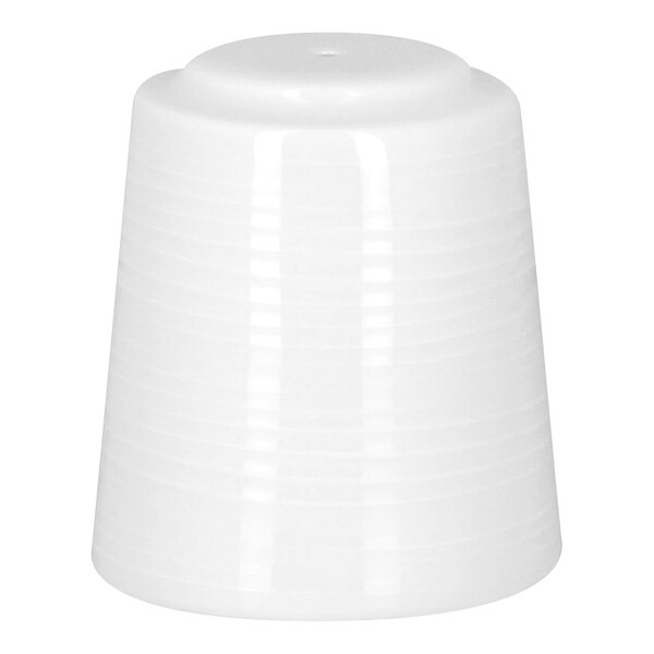 A bright white embossed porcelain pepper shaker.