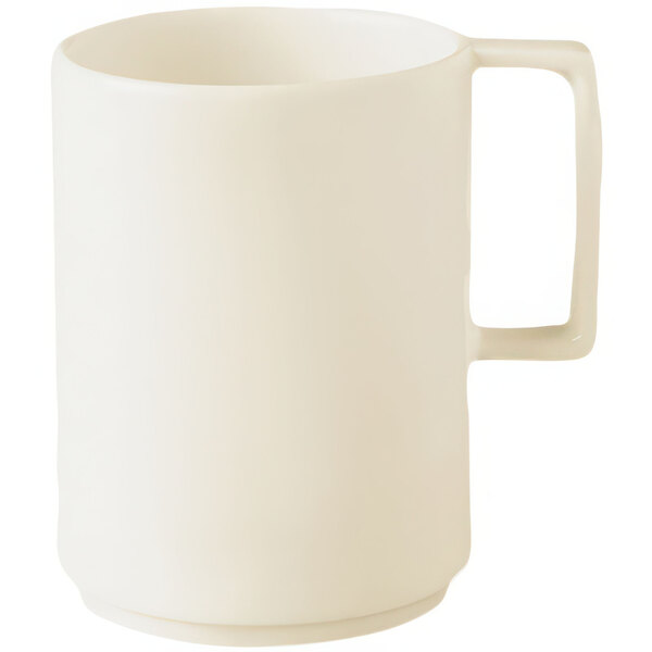 A warm white porcelain mug with a handle.